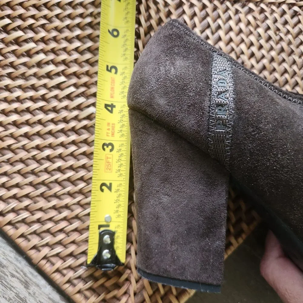 Prada Ankle Boot, side zip Sz 38.5 Milano Brown Suede Leather, 3.75